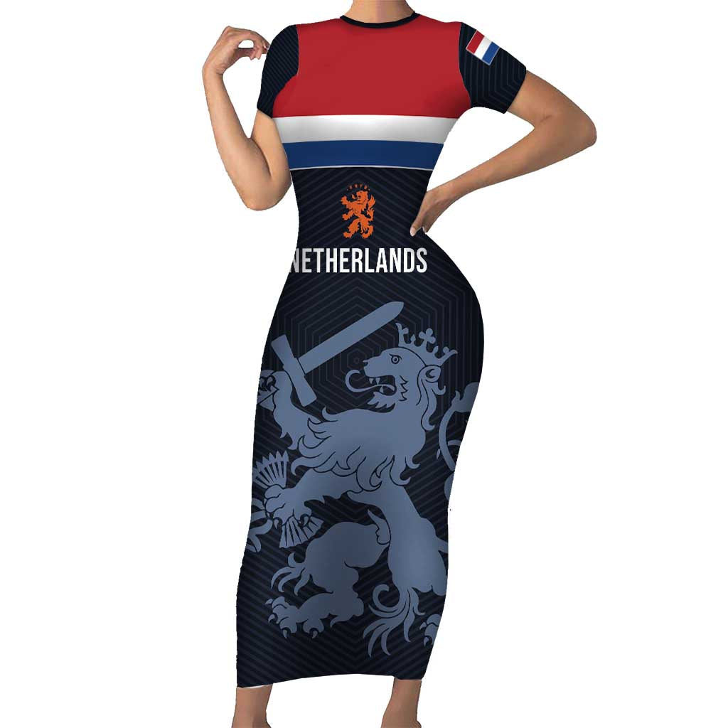 Custom World Football 2026 Netherlands Short Sleeve Bodycon Dress Holland Navy Dutch Lion - Wonder Print Shop