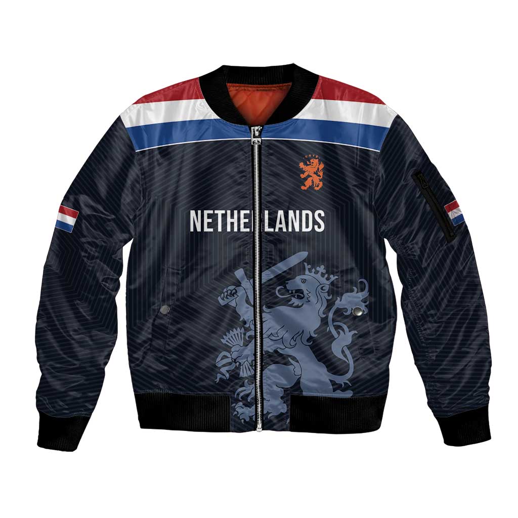 Custom World Football 2026 Netherlands Sleeve Zip Bomber Jacket Holland Navy Dutch Lion - Wonder Print Shop