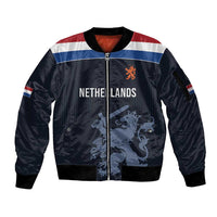 Custom World Football 2026 Netherlands Sleeve Zip Bomber Jacket Holland Navy Dutch Lion - Wonder Print Shop