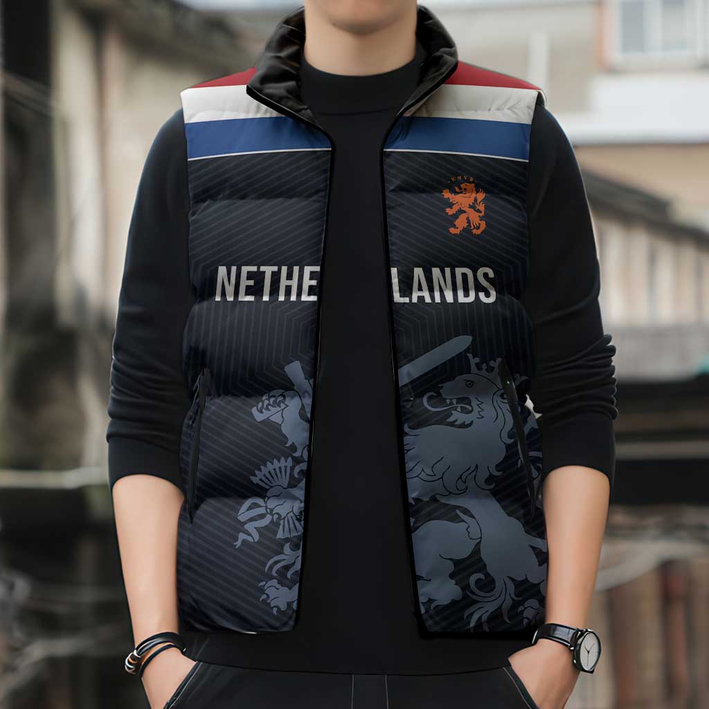 Custom World Football 2026 Netherlands Sleeveless Puffer Jacket Holland Navy Dutch Lion - Wonder Print Shop