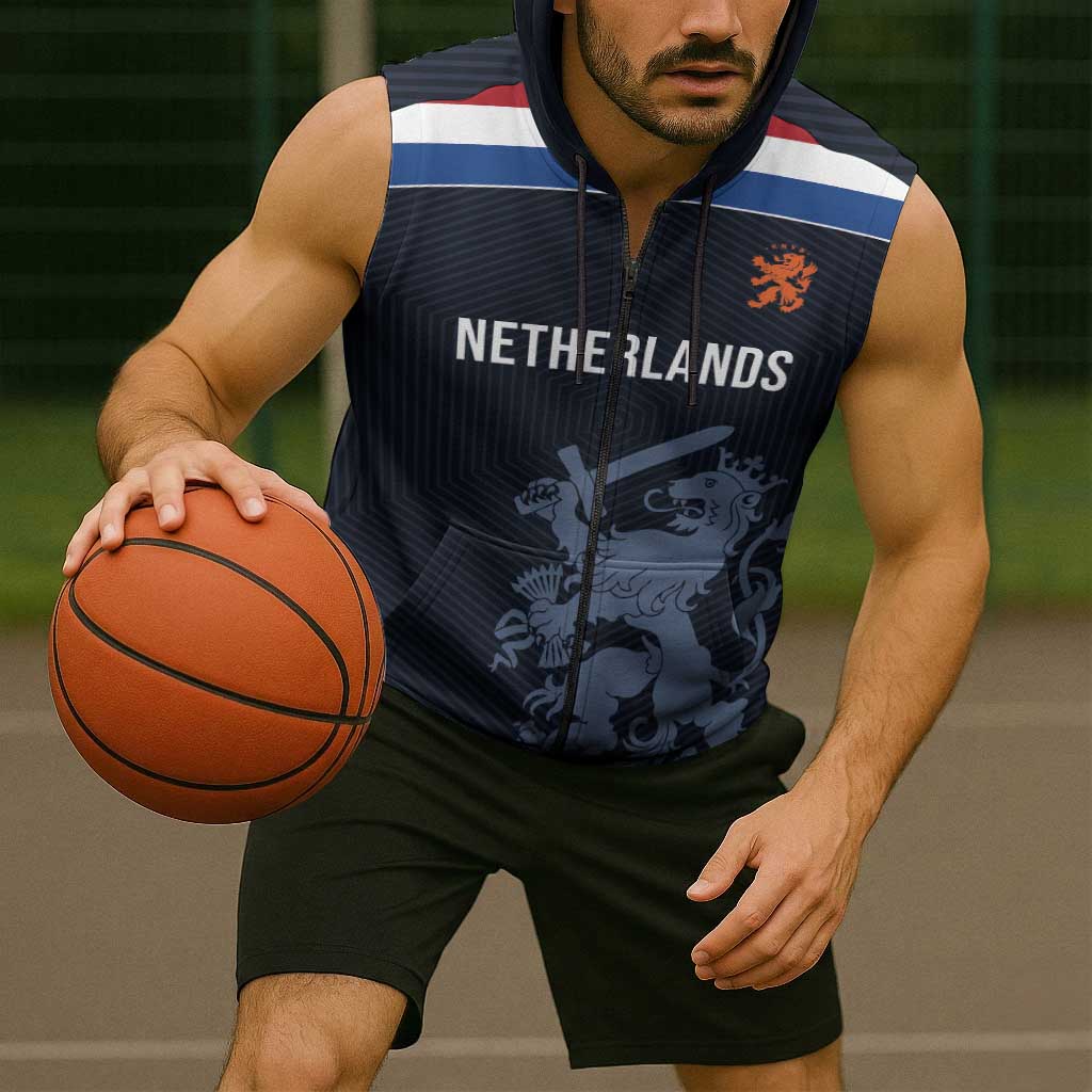 Custom World Football 2026 Netherlands Sleeveless Zip Hoodie Holland Navy Dutch Lion - Wonder Print Shop
