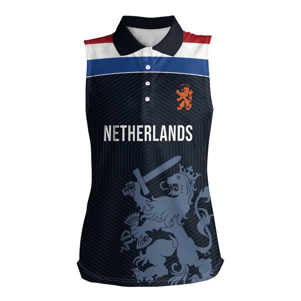 Custom World Football 2026 Netherlands Women Sleeveless Polo Shirt Holland Navy Dutch Lion - Wonder Print Shop