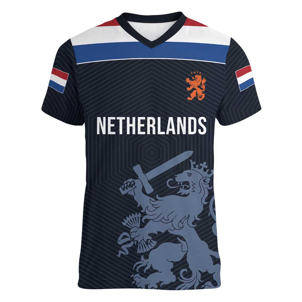 Custom World Football 2026 Netherlands Women V-Neck T-Shirt Holland Navy Dutch Lion - Wonder Print Shop