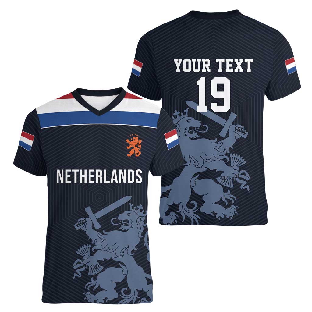 Custom World Football 2026 Netherlands Women V-Neck T-Shirt Holland Navy Dutch Lion - Wonder Print Shop