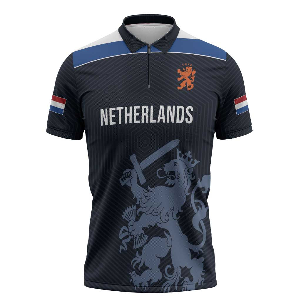 Custom World Football 2026 Netherlands Zipper Polo Shirt Holland Navy Dutch Lion - Wonder Print Shop