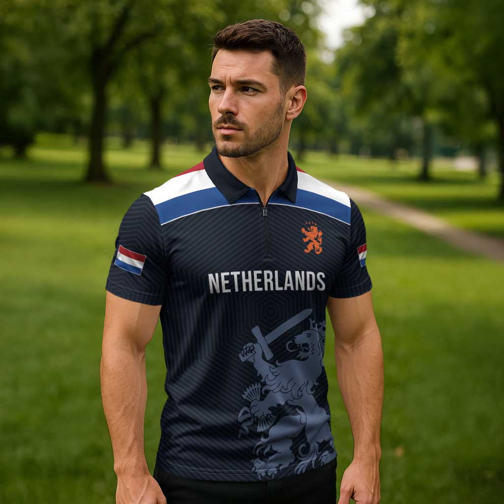 Custom World Football 2026 Netherlands Zipper Polo Shirt Holland Navy Dutch Lion - Wonder Print Shop
