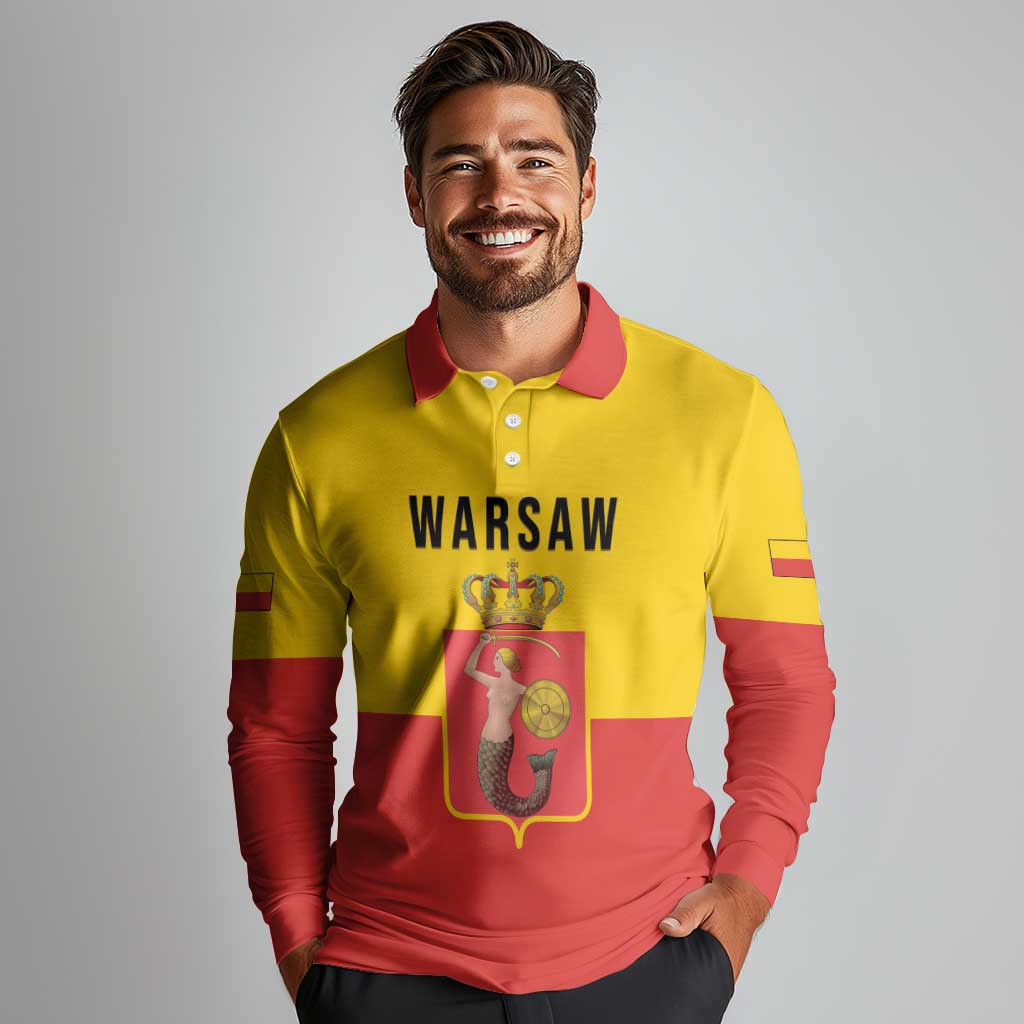 Personalized Warsaw Capital of Poland Long Sleeve Polo Shirt Royal Syrenka Heraldic Design
