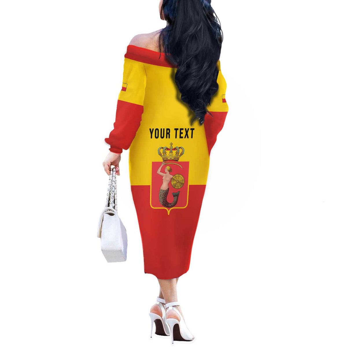 Personalized Warsaw Capital of Poland Off The Shoulder Long Sleeve Dress Royal Syrenka Heraldic Design
