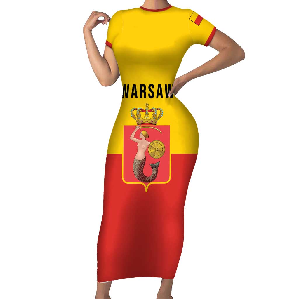 Personalized Warsaw Capital of Poland Short Sleeve Bodycon Dress Royal Syrenka Heraldic Design