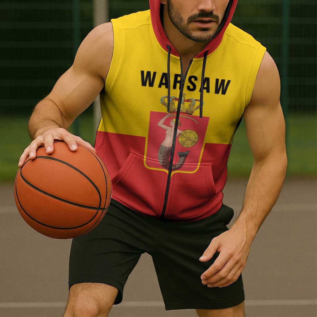 Personalized Warsaw Capital of Poland Sleeveless Zip Hoodie Royal Syrenka Heraldic Design