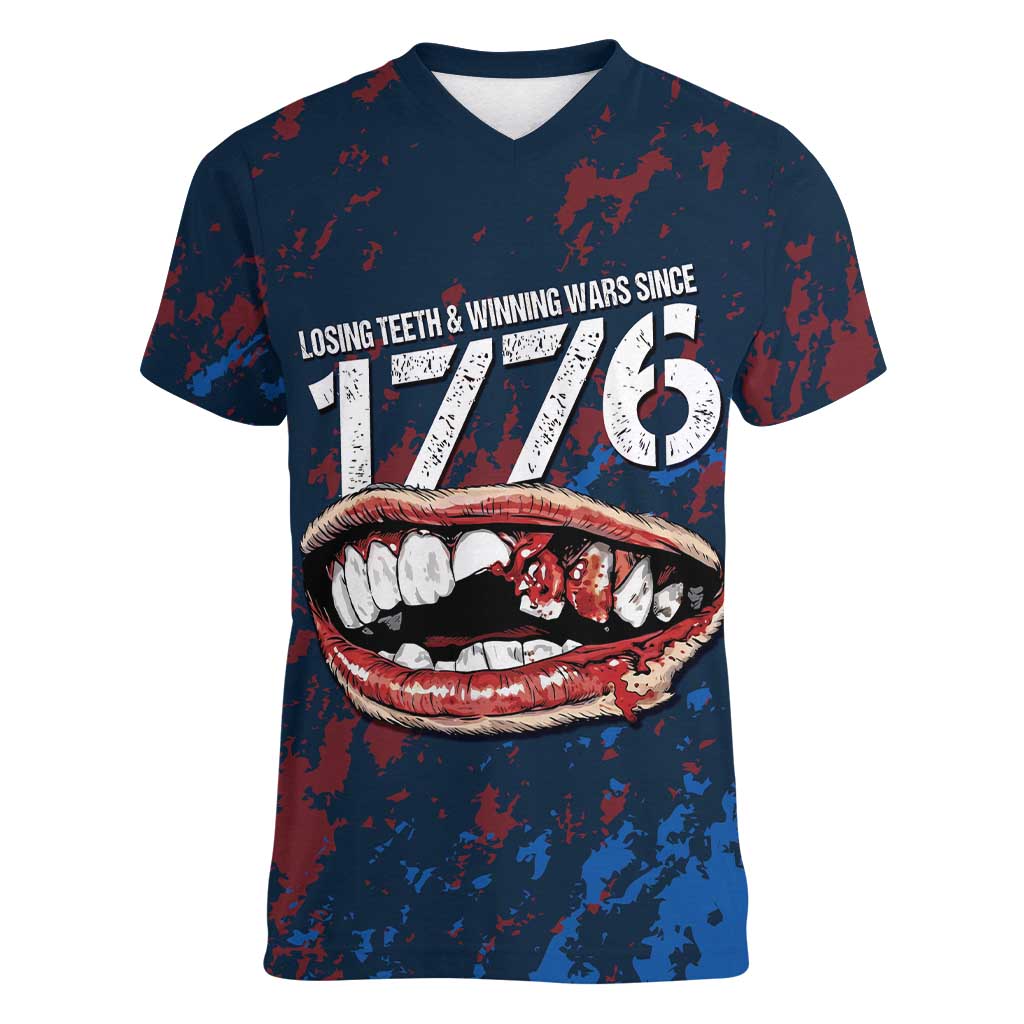 USA Ice Hockey Women V-Neck T-Shirt Losing Teeth and Winning Wars Since 1776