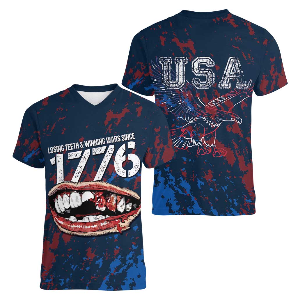USA Ice Hockey Women V-Neck T-Shirt Losing Teeth and Winning Wars Since 1776