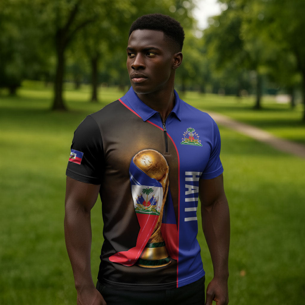 Personalized Afro Haiti Football 2026 Zipper Polo Shirt Trophy Flag Pride Art