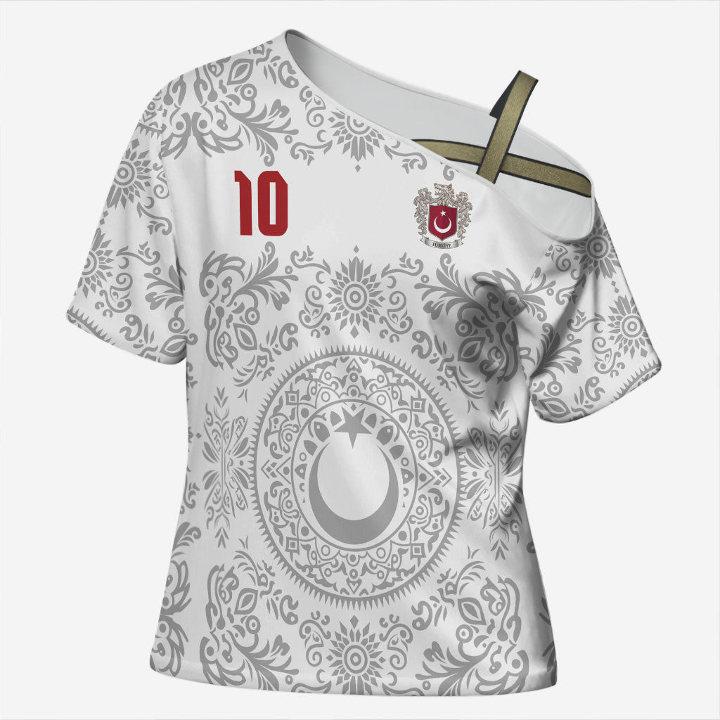 Custom World Football 2026 Turkey Cross Shoulder Shirt Crescent Stars Ottoman Baroque White Version