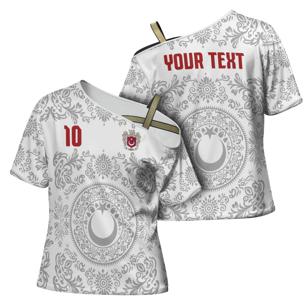 Custom World Football 2026 Turkey Cross Shoulder Shirt Crescent Stars Ottoman Baroque White Version