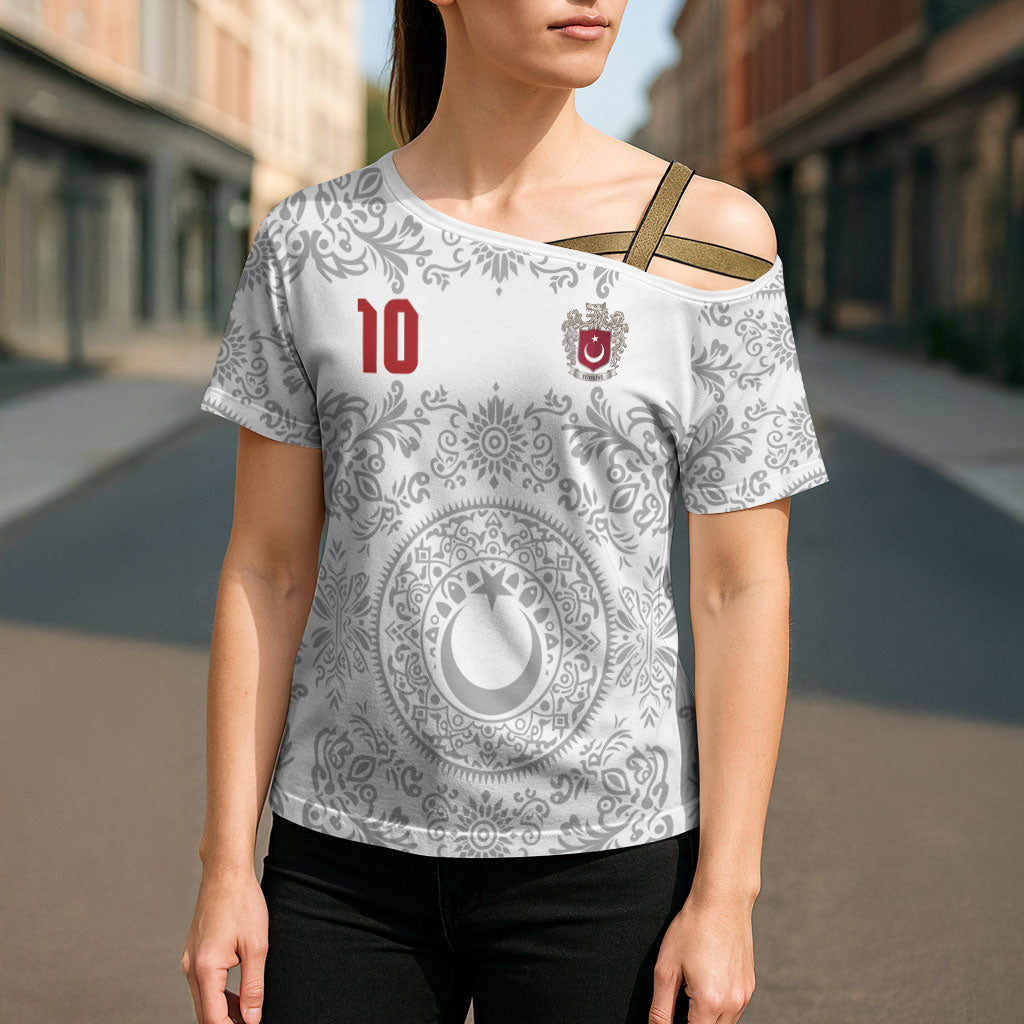 Custom World Football 2026 Turkey Cross Shoulder Shirt Crescent Stars Ottoman Baroque White Version