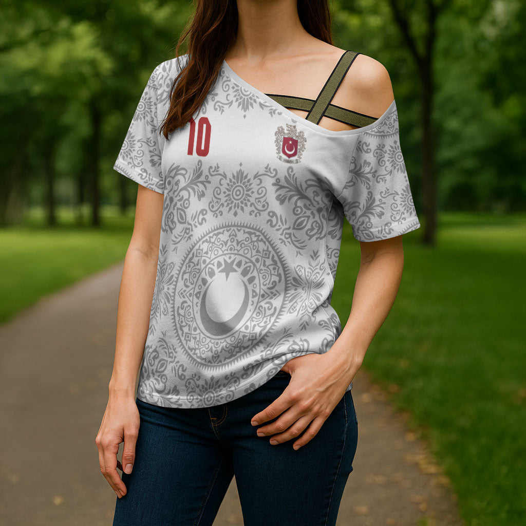 Custom World Football 2026 Turkey Cross Shoulder Shirt Crescent Stars Ottoman Baroque White Version