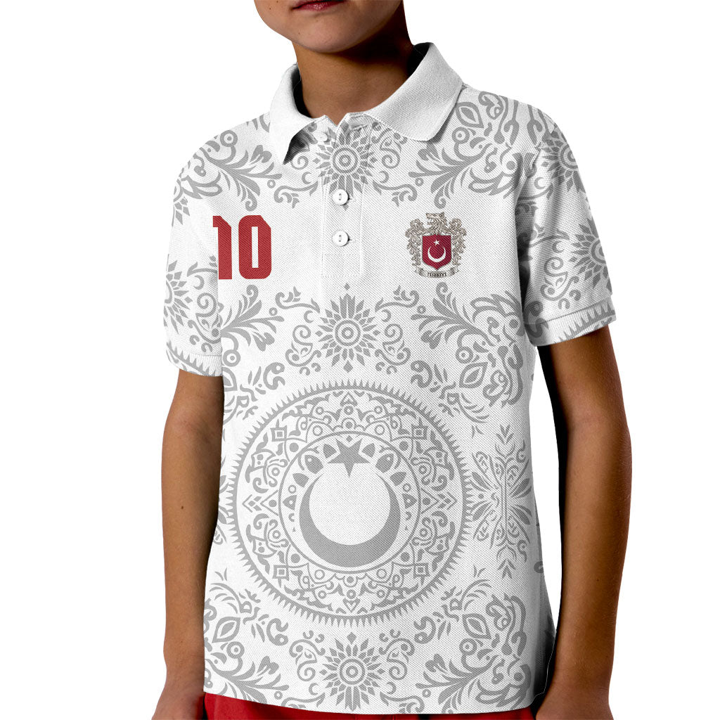 Custom World Football 2026 Turkey Kid Polo Shirt Crescent Stars Ottoman Baroque White Version