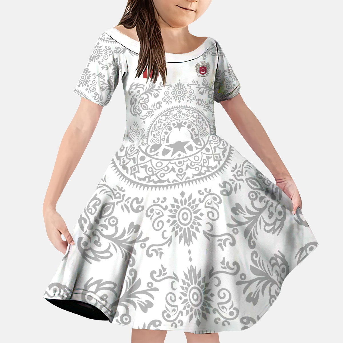 Custom World Football 2026 Turkey Kid Short Sleeve Dress Crescent Stars Ottoman Baroque White Version