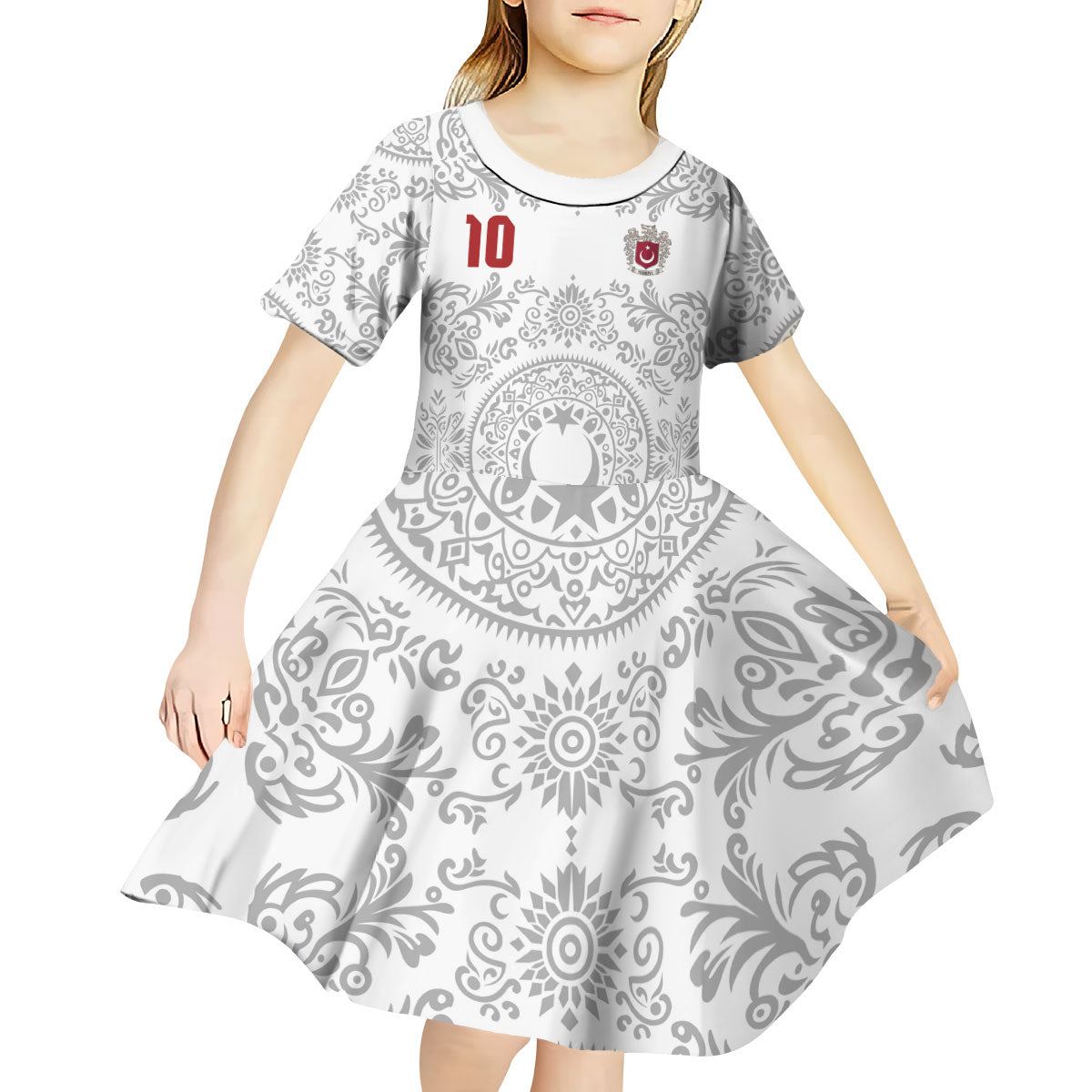 Custom World Football 2026 Turkey Kid Short Sleeve Dress Crescent Stars Ottoman Baroque White Version