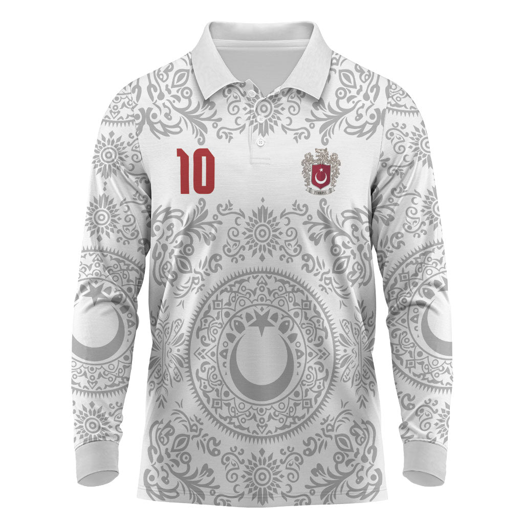 Custom World Football 2026 Turkey Long Sleeve Polo Shirt Crescent Stars Ottoman Baroque White Version