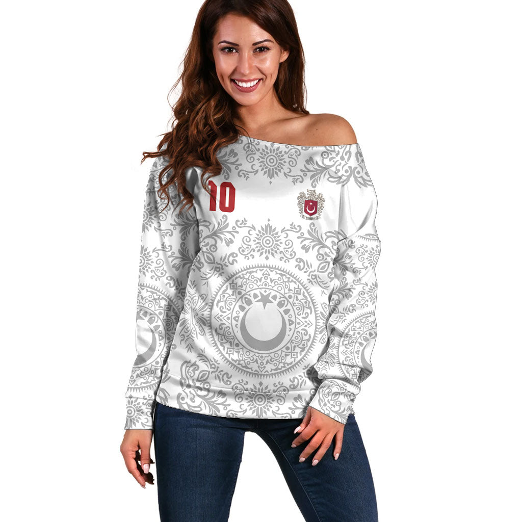 Custom World Football 2026 Turkey Off Shoulder Sweater Crescent Stars Ottoman Baroque White Version