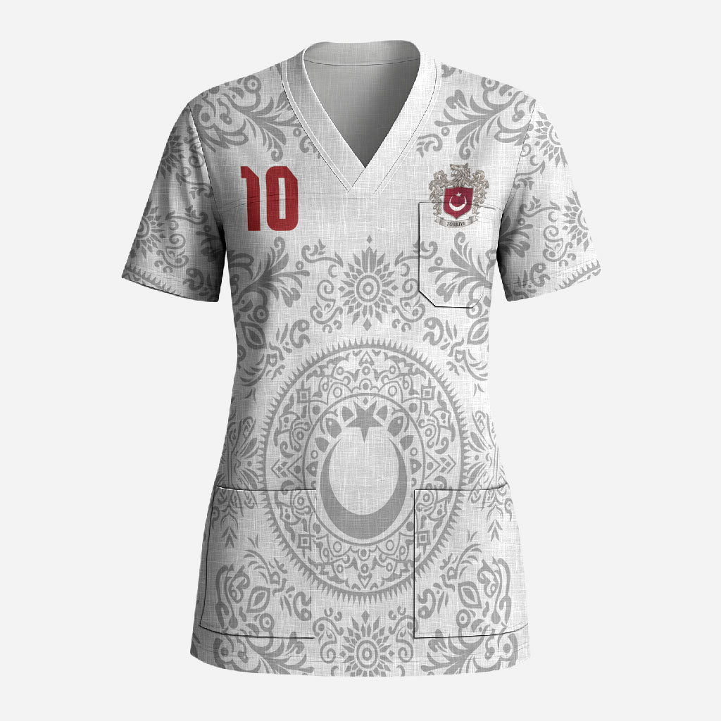 Custom World Football 2026 Turkey Scrub Top Crescent Stars Ottoman Baroque White Version