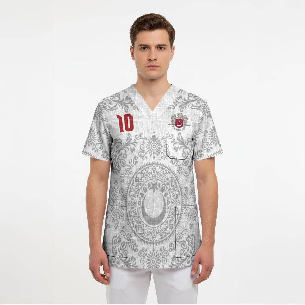 Custom World Football 2026 Turkey Scrub Top Crescent Stars Ottoman Baroque White Version