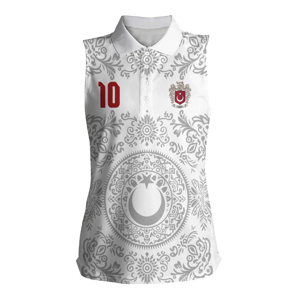 Custom World Football 2026 Turkey Women Sleeveless Polo Shirt Crescent Stars Ottoman Baroque White Version