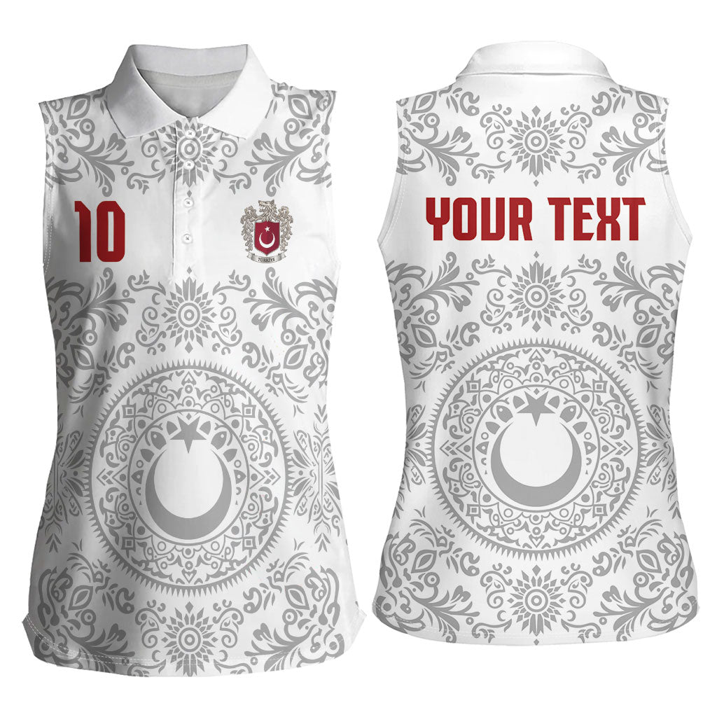 Custom World Football 2026 Turkey Women Sleeveless Polo Shirt Crescent Stars Ottoman Baroque White Version