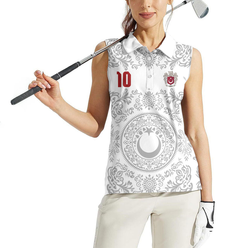 Custom World Football 2026 Turkey Women Sleeveless Polo Shirt Crescent Stars Ottoman Baroque White Version