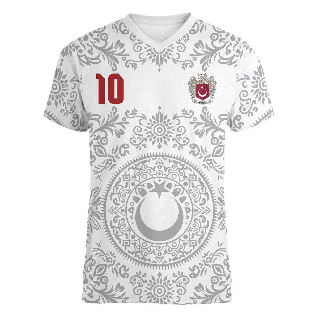 Custom World Football 2026 Turkey Women V-Neck T-Shirt Crescent Stars Ottoman Baroque White Version