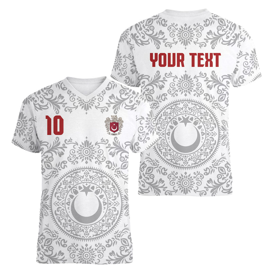 Custom World Football 2026 Turkey Women V-Neck T-Shirt Crescent Stars Ottoman Baroque White Version