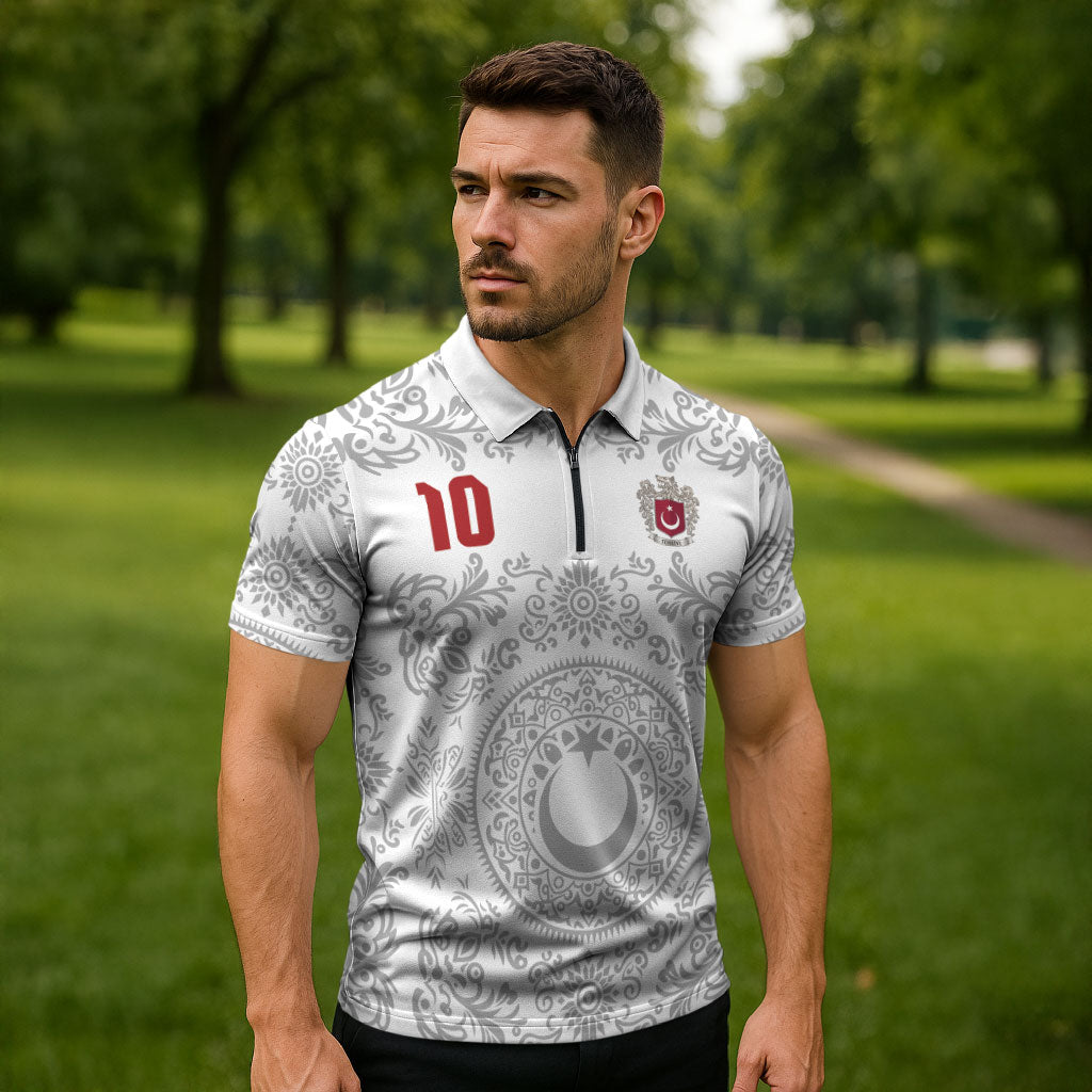 Custom World Football 2026 Turkey Zipper Polo Shirt Crescent Stars Ottoman Baroque White Version