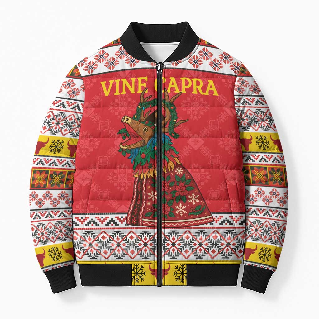 Personalized Romania Christmas Bomber Puffer Jacket Romanian Carpet The Goat Dance - Wonder Print Shop