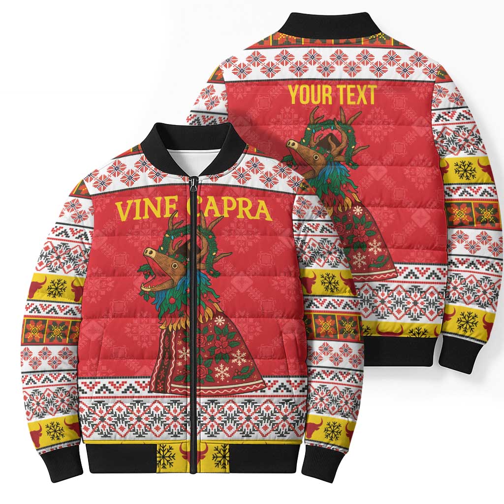 Personalized Romania Christmas Bomber Puffer Jacket Romanian Carpet The Goat Dance - Wonder Print Shop