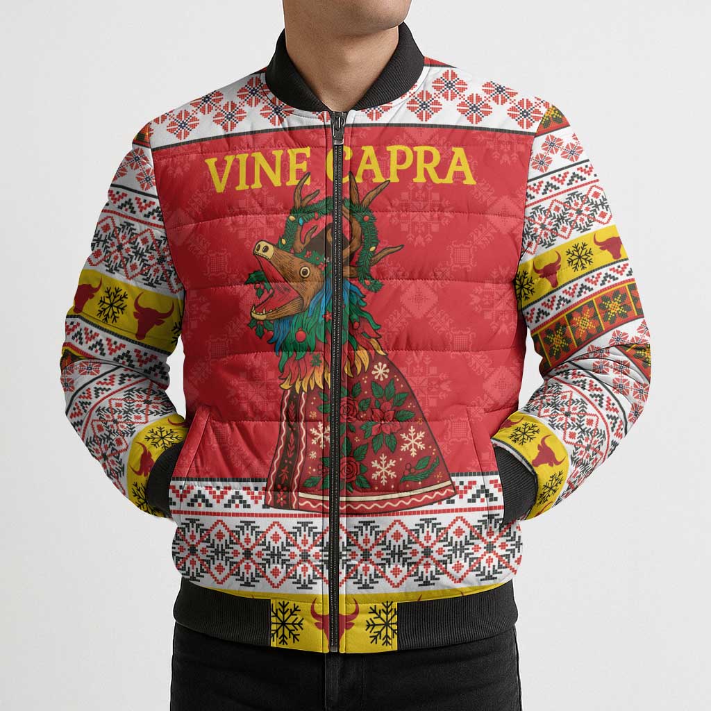 Personalized Romania Christmas Bomber Puffer Jacket Romanian Carpet The Goat Dance - Wonder Print Shop