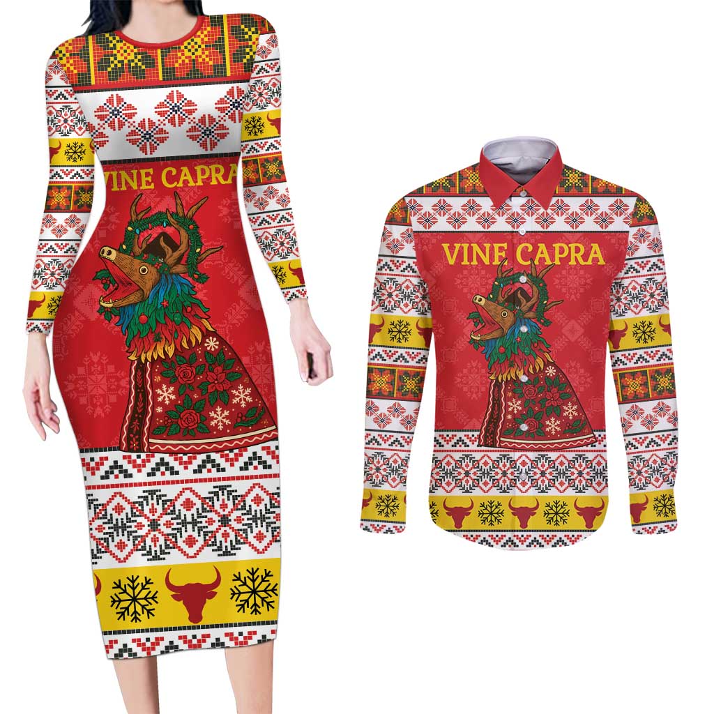 Personalized Romania Christmas Couples Matching Long Sleeve Bodycon Dress and Long Sleeve Button Shirt Romanian Carpet The Goat Dance - Wonder Print Shop