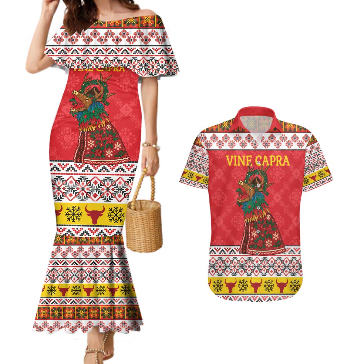 Personalized Romania Christmas Couples Matching Mermaid Dress and Hawaiian Shirt Romanian Carpet The Goat Dance - Wonder Print Shop