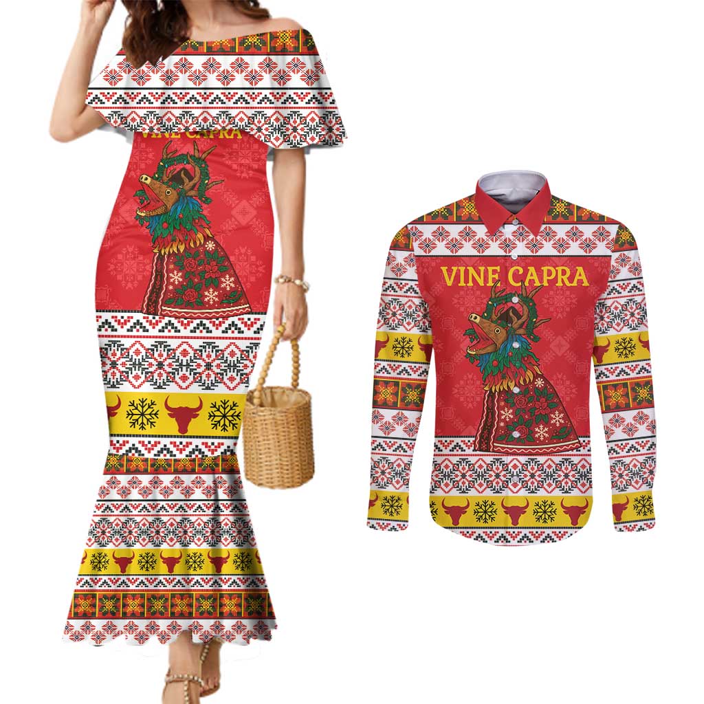 Personalized Romania Christmas Couples Matching Mermaid Dress and Long Sleeve Button Shirt Romanian Carpet The Goat Dance - Wonder Print Shop