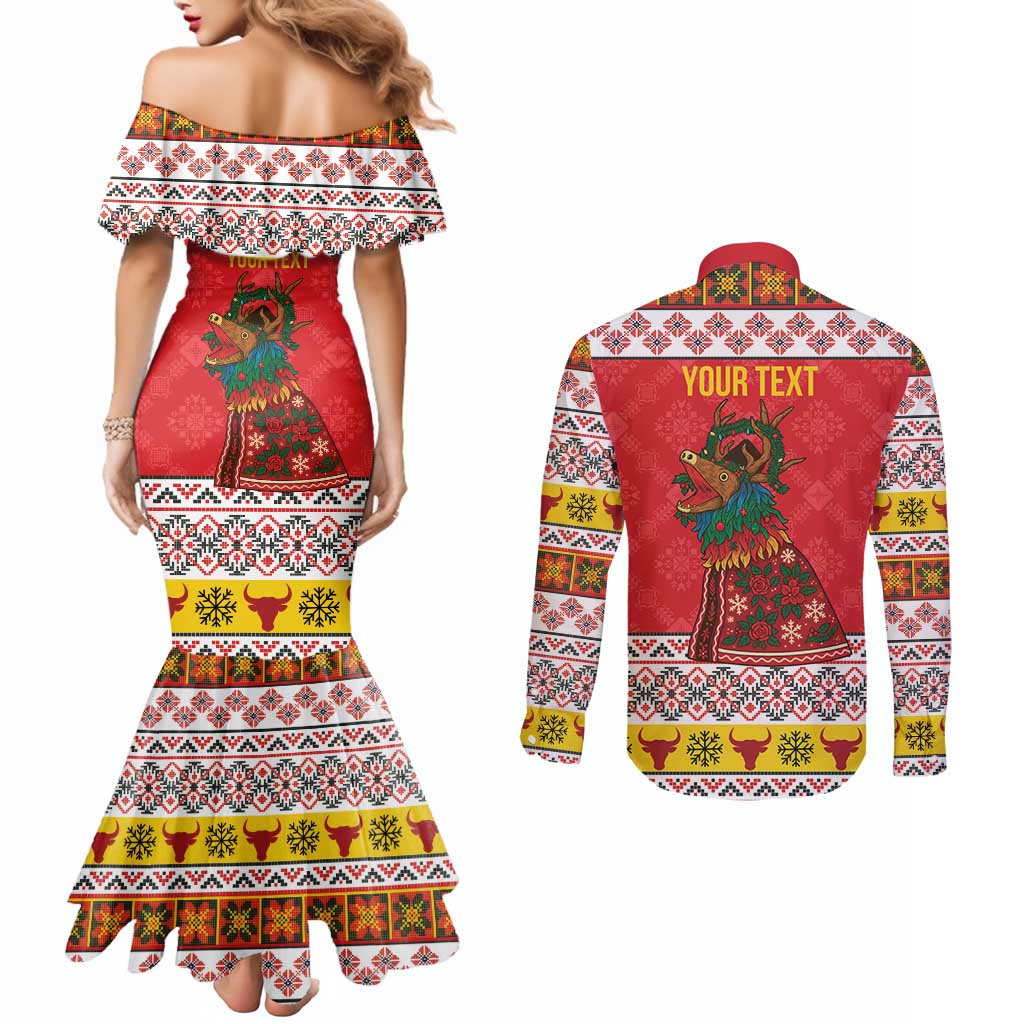 Personalized Romania Christmas Couples Matching Mermaid Dress and Long Sleeve Button Shirt Romanian Carpet The Goat Dance - Wonder Print Shop