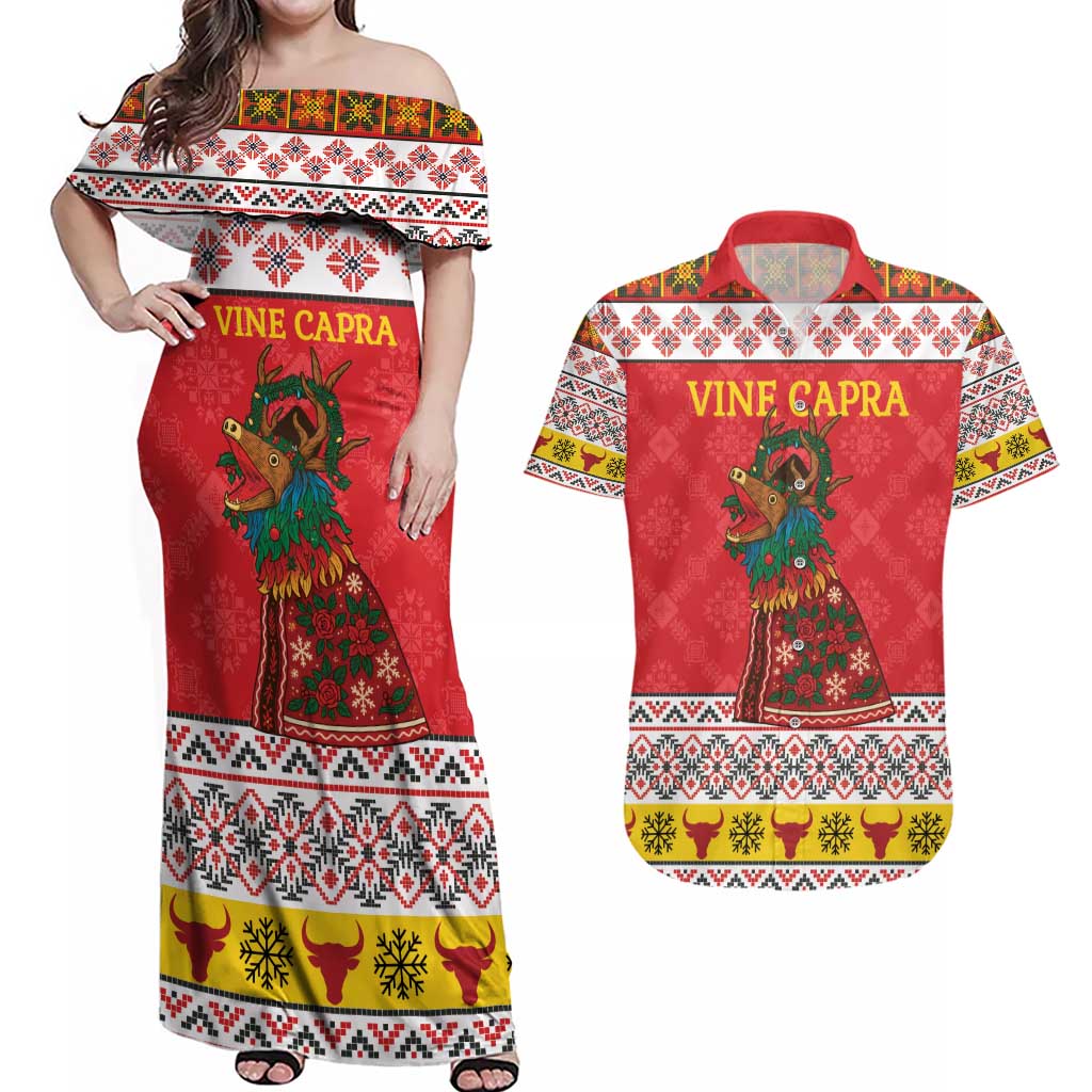 Personalized Romania Christmas Couples Matching Off Shoulder Maxi Dress and Hawaiian Shirt Romanian Carpet The Goat Dance - Wonder Print Shop
