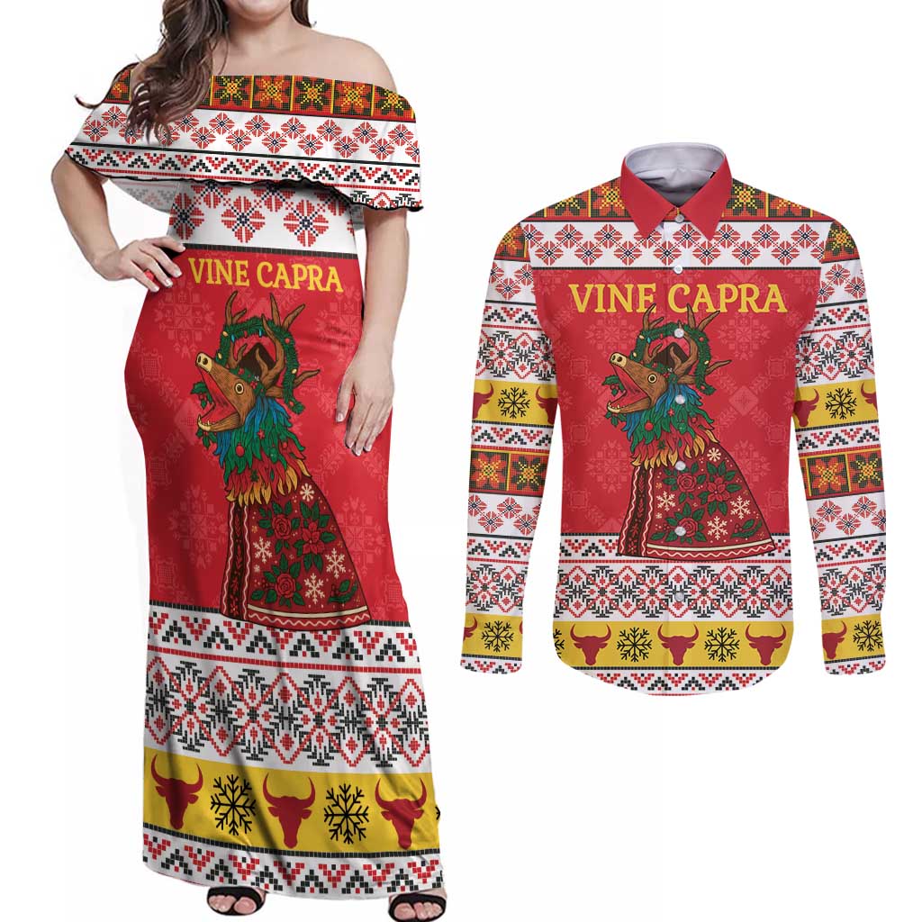 Personalized Romania Christmas Couples Matching Off Shoulder Maxi Dress and Long Sleeve Button Shirt Romanian Carpet The Goat Dance - Wonder Print Shop