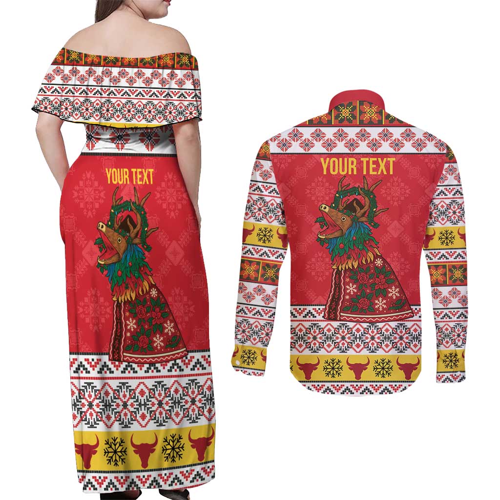 Personalized Romania Christmas Couples Matching Off Shoulder Maxi Dress and Long Sleeve Button Shirt Romanian Carpet The Goat Dance - Wonder Print Shop