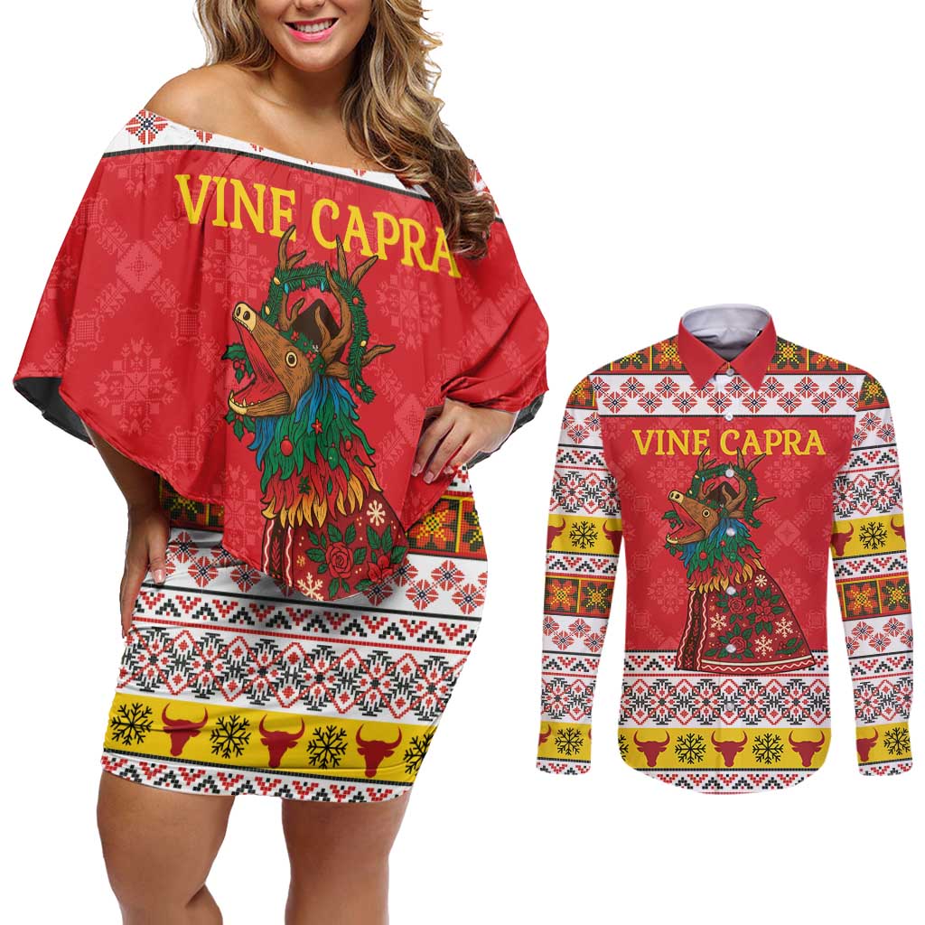 Personalized Romania Christmas Couples Matching Off Shoulder Short Dress and Long Sleeve Button Shirt Romanian Carpet The Goat Dance - Wonder Print Shop