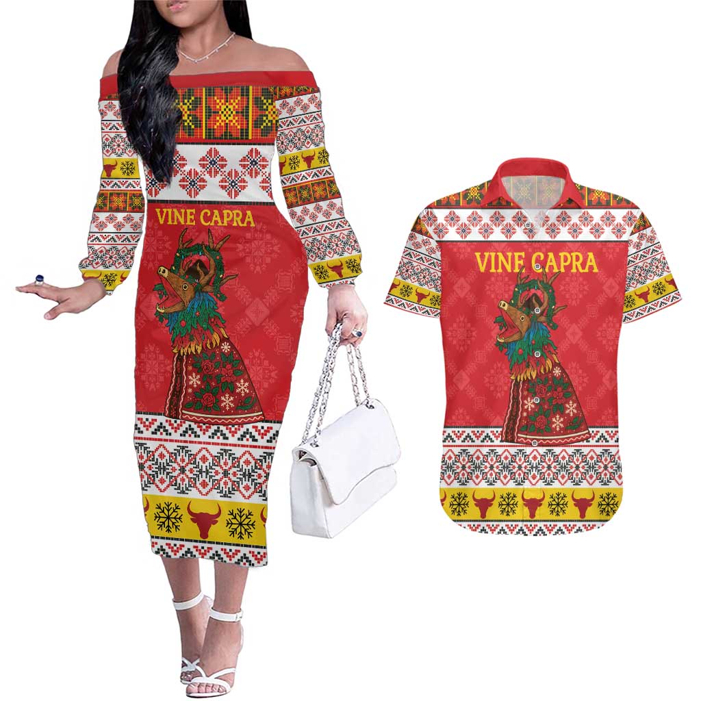 Personalized Romania Christmas Couples Matching Off The Shoulder Long Sleeve Dress and Hawaiian Shirt Romanian Carpet The Goat Dance - Wonder Print Shop
