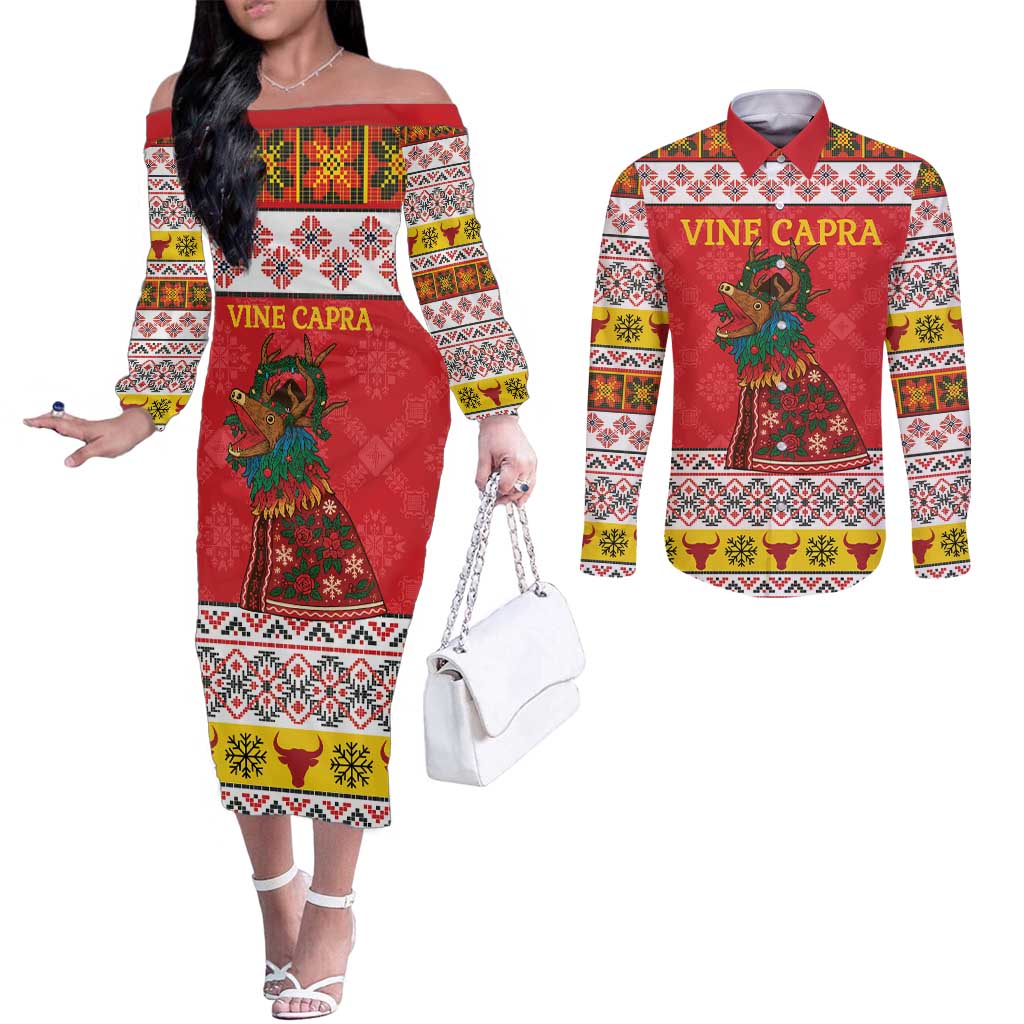 Personalized Romania Christmas Couples Matching Off The Shoulder Long Sleeve Dress and Long Sleeve Button Shirt Romanian Carpet The Goat Dance - Wonder Print Shop
