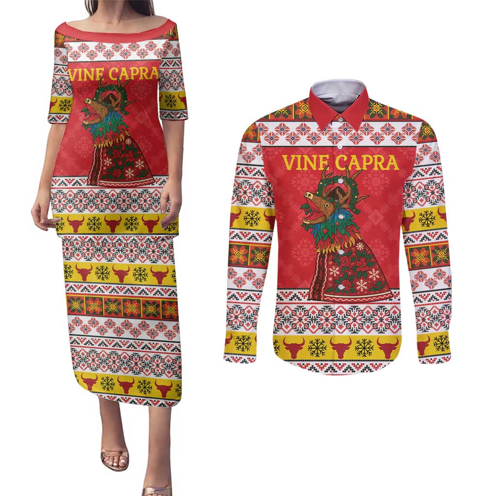 Personalized Romania Christmas Couples Matching Puletasi and Long Sleeve Button Shirt Romanian Carpet The Goat Dance - Wonder Print Shop