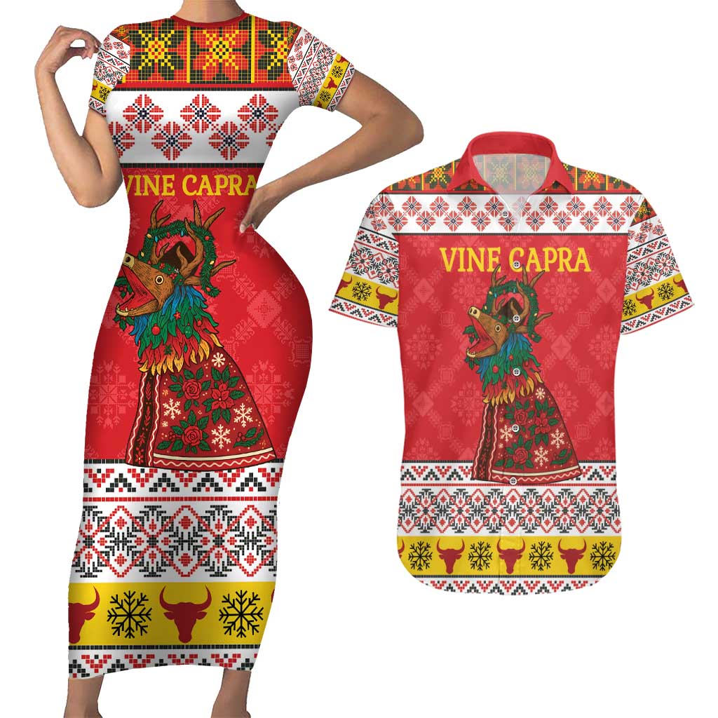 Personalized Romania Christmas Couples Matching Short Sleeve Bodycon Dress and Hawaiian Shirt Romanian Carpet The Goat Dance - Wonder Print Shop