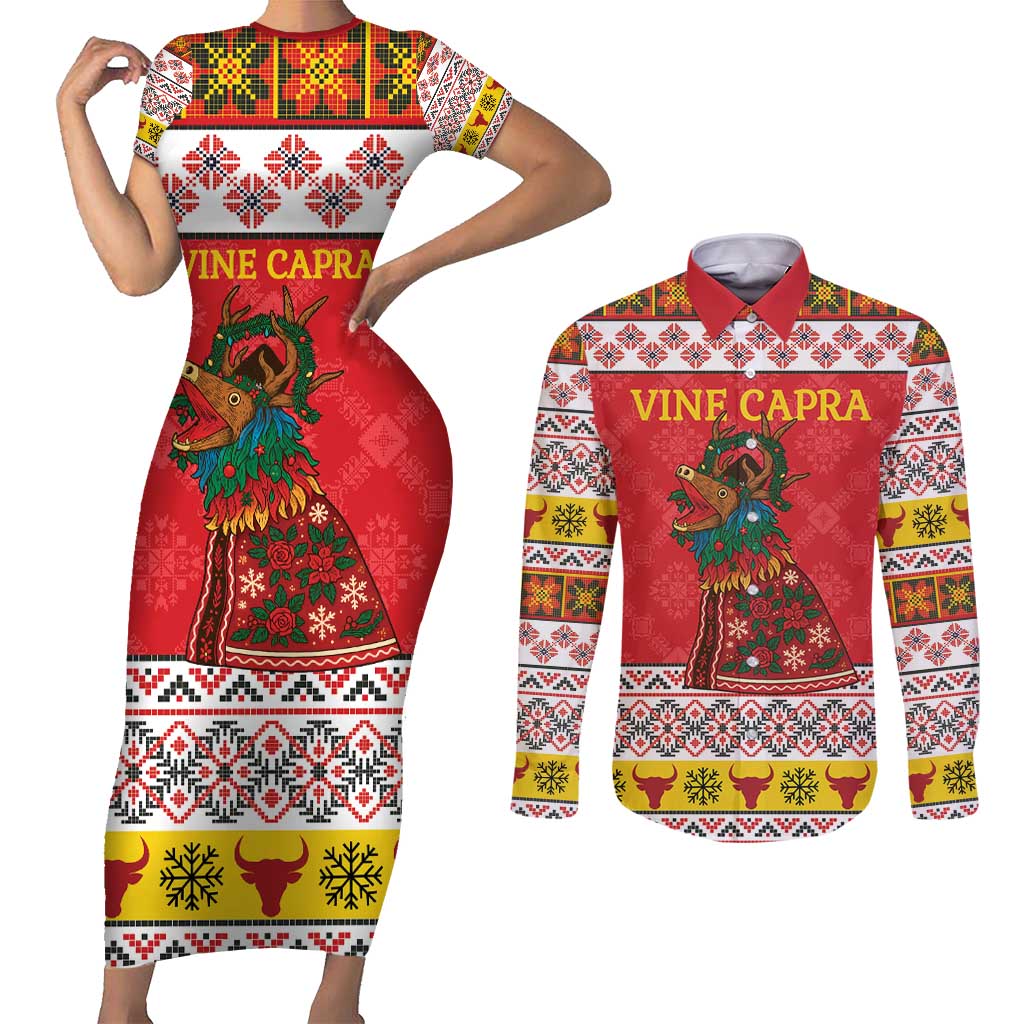Personalized Romania Christmas Couples Matching Short Sleeve Bodycon Dress and Long Sleeve Button Shirt Romanian Carpet The Goat Dance - Wonder Print Shop